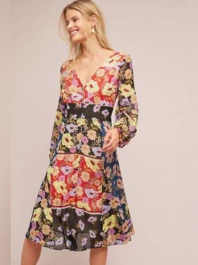 Maeve Anthropologie Patchwork Floral Midi Dress Boho V-Neck Button Front US 10